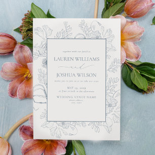 Elegant Dusty Blue Floral Line Art Wedding Invitation