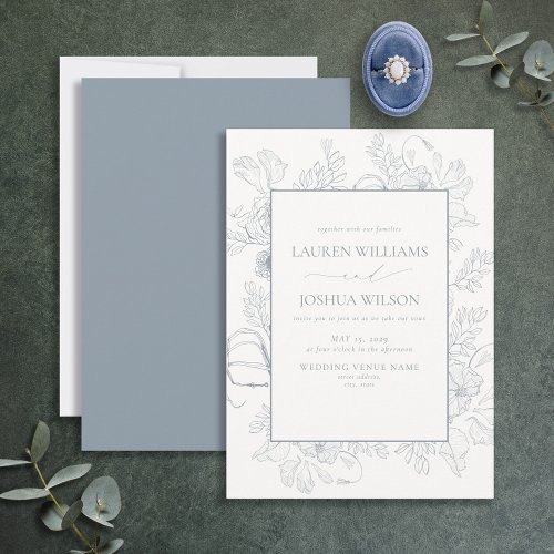 Elegant Dusty Blue Floral Line Art Wedding  Invitation
