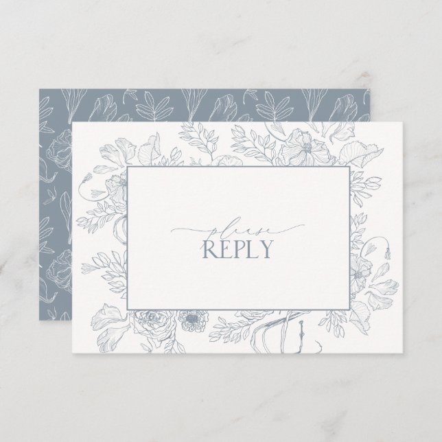 Elegant Dusty Blue Floral Line Art Wedding QR Code RSVP Card (Front/Back)