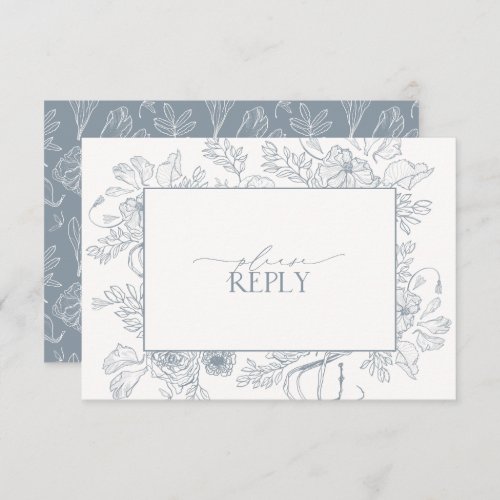 Elegant Dusty Blue Floral Line Art Wedding QR Code RSVP Card
