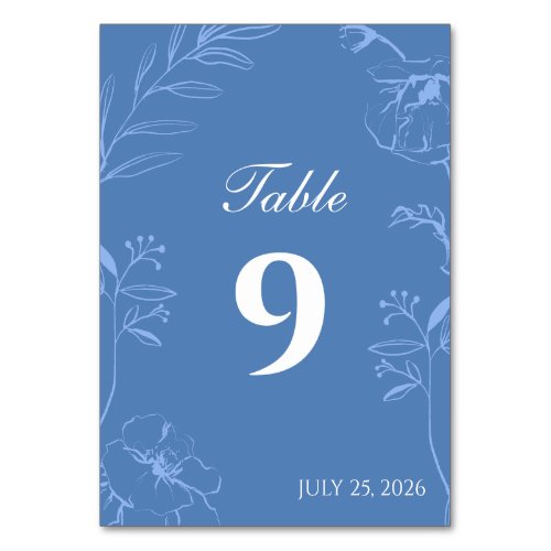 Elegant Dusty Blue Floral Line Art Wedding Table Number