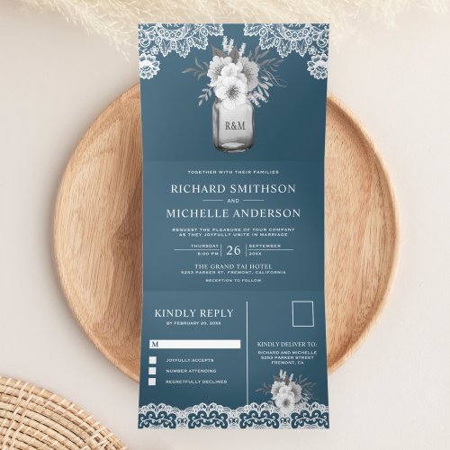 Elegant Dusty Blue Floral Mason Jar Lace Wedding Tri_Fold Invitation