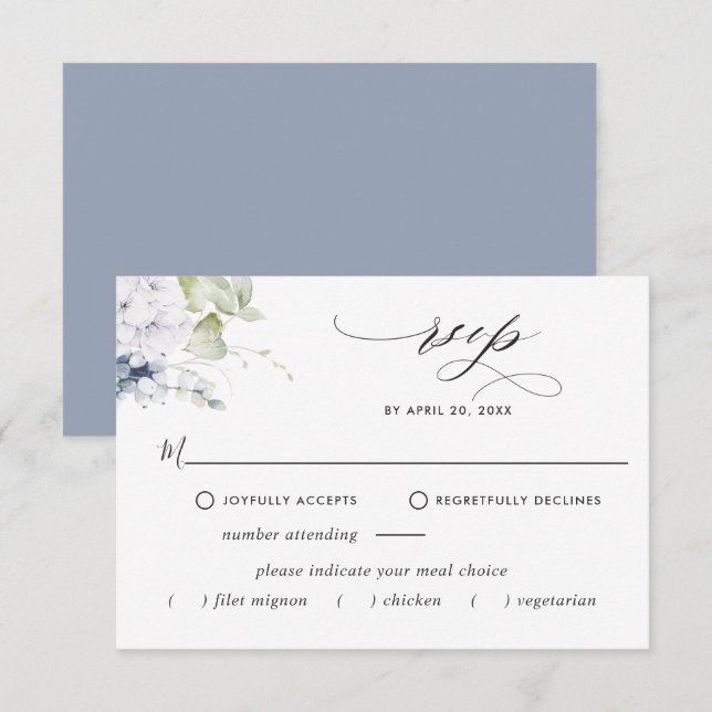 Elegant Dusty Blue Floral, Meal Options Wedding RSVP Card (Front/Back)