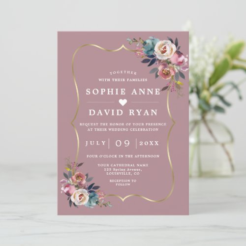 Elegant Dusty Blue Floral Misty Rose Gold Wedding  Invitation