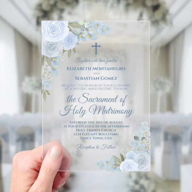 Elegant Dusty Blue Floral Modern Catholic Wedding Acrylic Invitations (Frosted Acrylic with Rectangle Cut)
