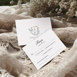 Elegant Dusty Blue Floral Monogram Crest RSVP Card