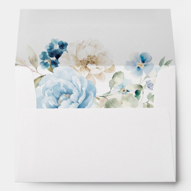 Elegant Dusty Blue Floral Monogram Crest Wedding Envelope (Back (Bottom))