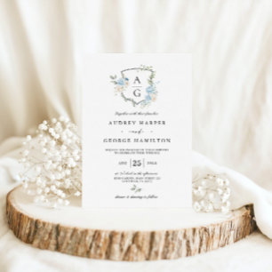 Elegant Dusty Blue Floral Monogram Crest Wedding Invitation