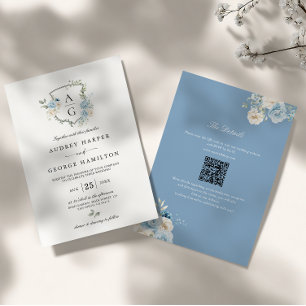 Elegant Dusty Blue Floral Monogram Crest Wedding Invitation