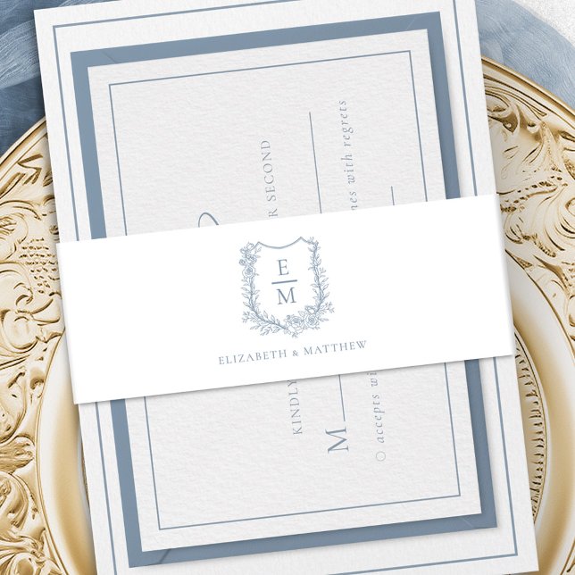 Elegant Dusty Blue Floral Monogram Crest Wedding Invitation Belly Band (Creator Uploaded)