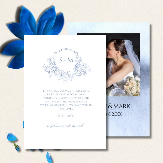 Elegant Dusty Blue Floral Monogram Crest Wedding Thank You Card (Creator Uploaded)