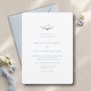 Elegant Dusty Blue Floral Monogram Wedding Invitation