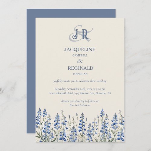 Elegant Dusty Blue Floral Monogram Wedding Invitation