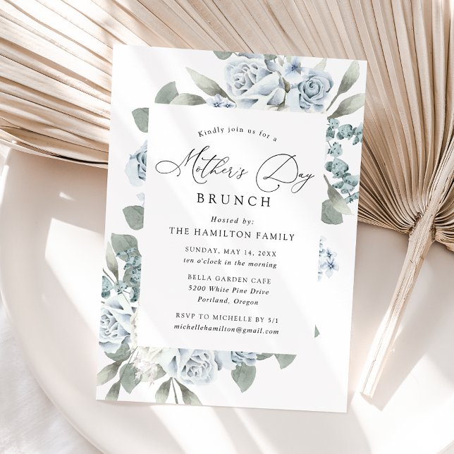 Elegant Dusty Blue Floral Mother's Day Brunch Invitation (Creator Uploaded)