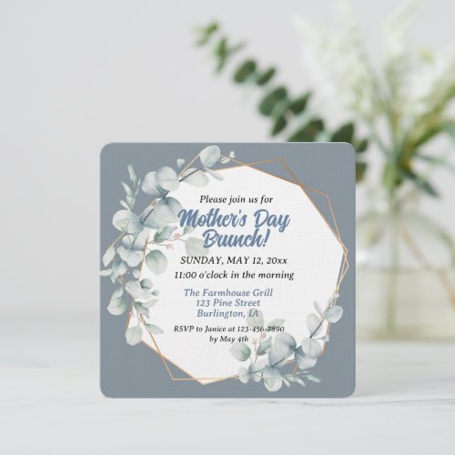 Elegant Dusty Blue Floral Mothers Day Brunch Invitation