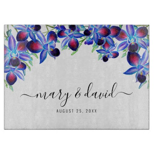 Elegant Dusty Blue Floral Orchids Name Script Cutting Board