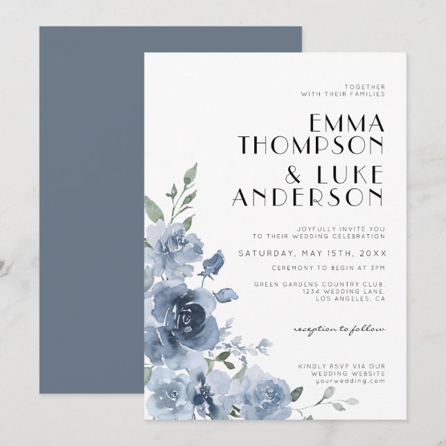 Elegant Dusty Blue Floral Pastel Wedding Invitation (Front/Back)