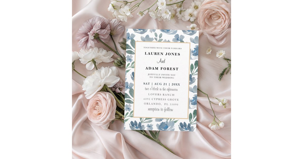Elegant Dusty Blue Floral Pattern Wedding Invitation | Zazzle