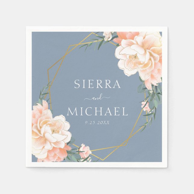Elegant Dusty Blue Floral Peach Gold Wedding Napkins (Front)