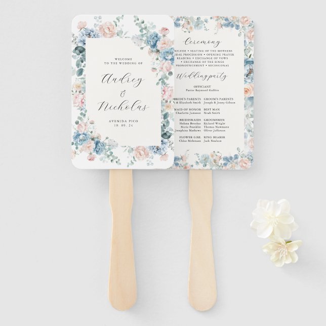 Elegant Dusty Blue Floral Peach Wedding Program Hand Fan (Front and Back)