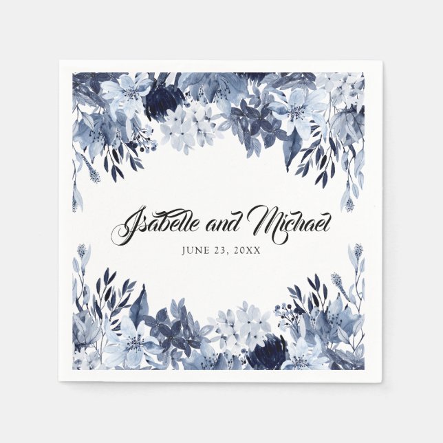 Elegant Dusty Blue Floral Personalized Napkins (Front)