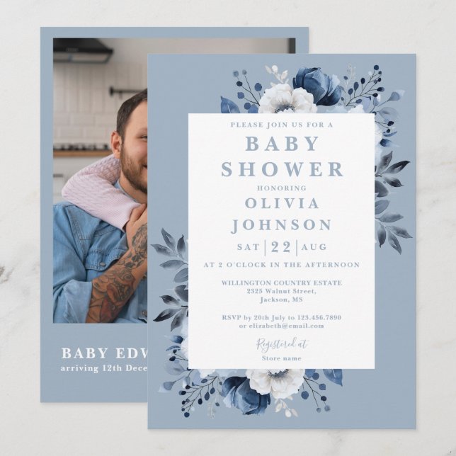 Elegant Dusty Blue Floral Photo QR Baby Shower Invitation (Front/Back)