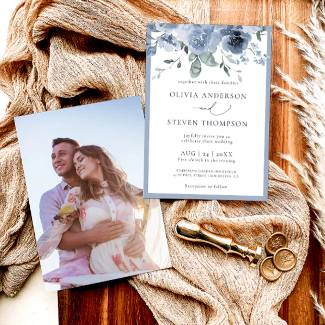 Elegant Dusty Blue Floral Photo Wedding Invitation | Zazzle