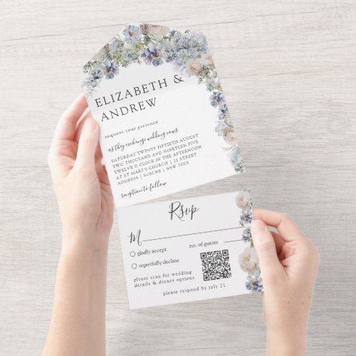 Elegant Dusty Blue Floral QR Code All In One Invitation