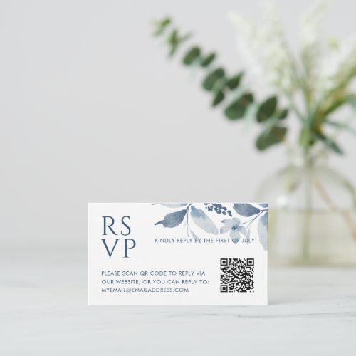 Elegant Dusty Blue Floral QR Code RSVP Wedding Enclosure Card