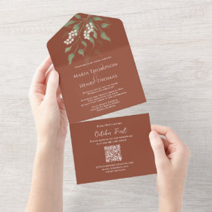 Elegant Dusty Blue Floral QR Code Wedding Budget All In One Invitation