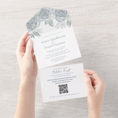 Elegant Dusty Blue Floral QR Code Wedding Budget All In One Invitation