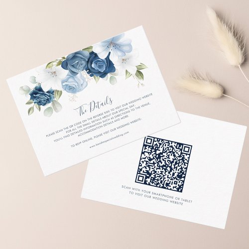 Elegant Dusty Blue Floral QR Code Wedding Details Enclosure Card