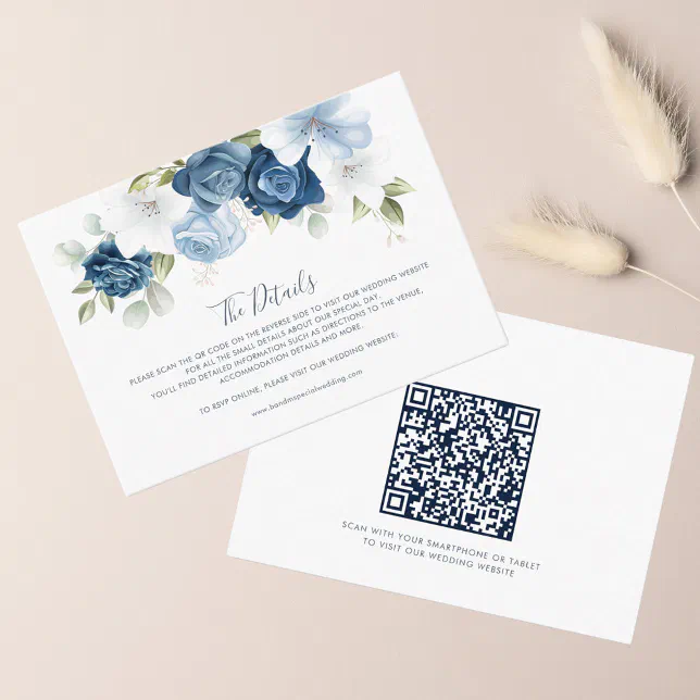 Elegant Dusty Blue Floral QR Code Wedding Details Enclosure Card | Zazzle