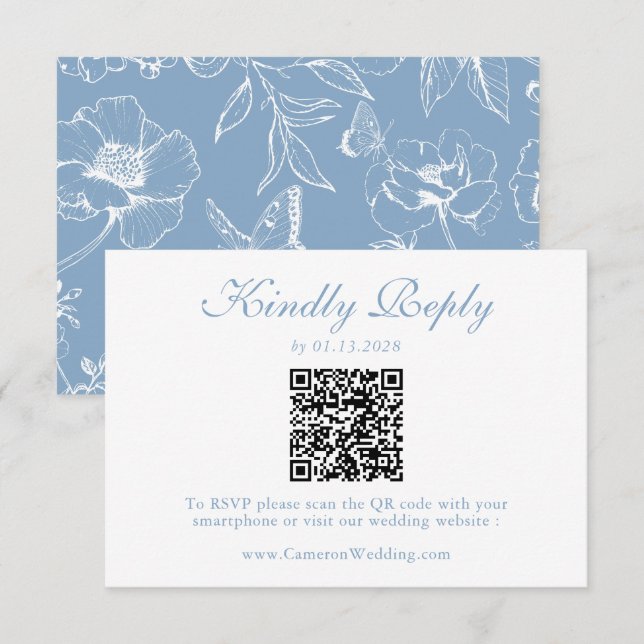Elegant Dusty Blue Floral QR Code Wedding RSVP  (Front/Back)
