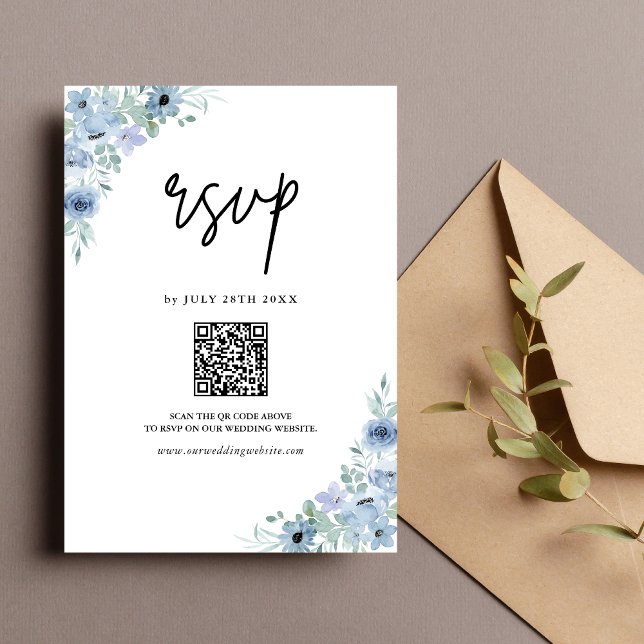Elegant Dusty Blue Floral QR Code Wedding RSVP Card (Creator Uploaded)