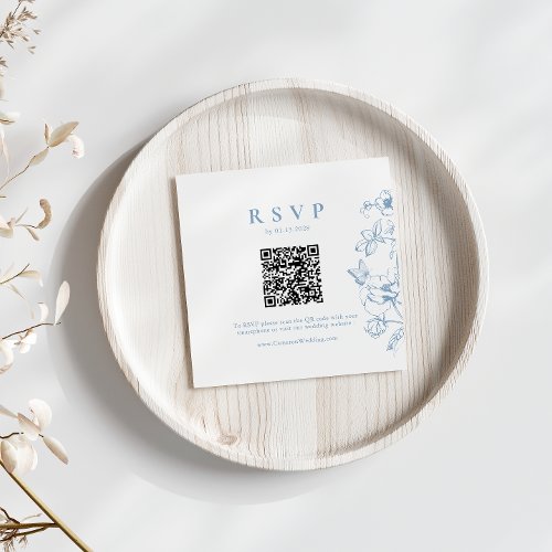 Elegant Dusty Blue Floral QR Code Wedding RSVP