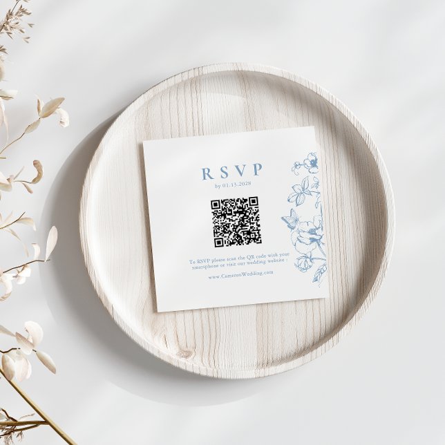 Elegant Dusty Blue Floral QR Code Wedding RSVP Enclosure Card (Creator Uploaded)