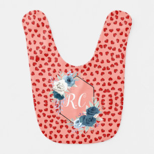 Elegant Dusty Blue Floral & Red Hearts Monogrammed Baby Bib