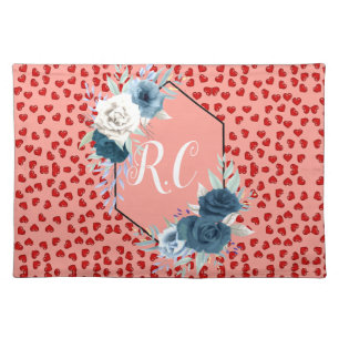 Elegant Dusty Blue Floral & Red Hearts Monogrammed Cloth Placemat
