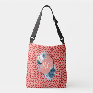 Elegant Dusty Blue Floral & Red Hearts Monogrammed Crossbody Bag