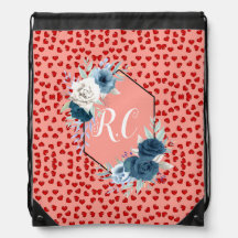 Elegant Dusty Blue Floral & Red Hearts Monogrammed