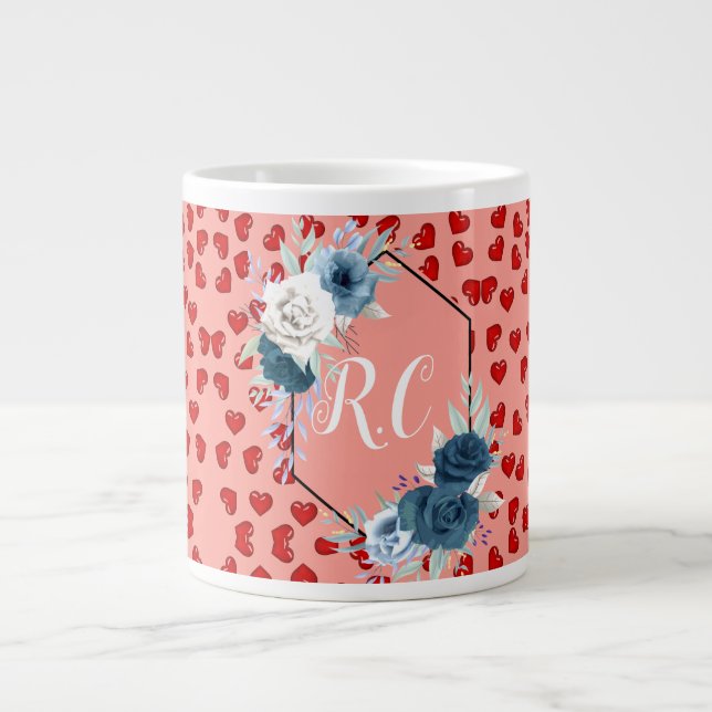 Elegant Dusty Blue Floral & Red Hearts Monogrammed Giant Coffee Mug (Front)