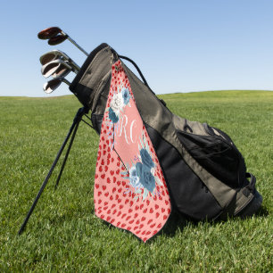 Elegant Dusty Blue Floral & Red Hearts Monogrammed Golf Towel
