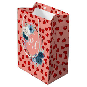 Elegant Dusty Blue Floral & Red Hearts Monogrammed Medium Gift Bag