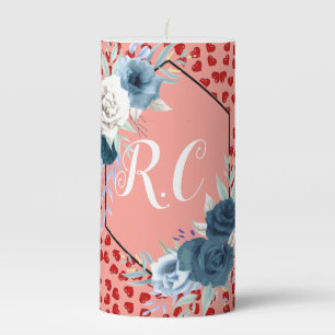 Elegant Dusty Blue Floral & Red Hearts Monogrammed Pillar Candle