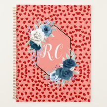 Elegant Dusty Blue Floral & Red Hearts Monogrammed