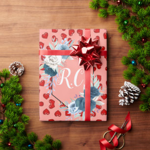 Elegant Dusty Blue Floral & Red Hearts Monogrammed Wrapping Paper