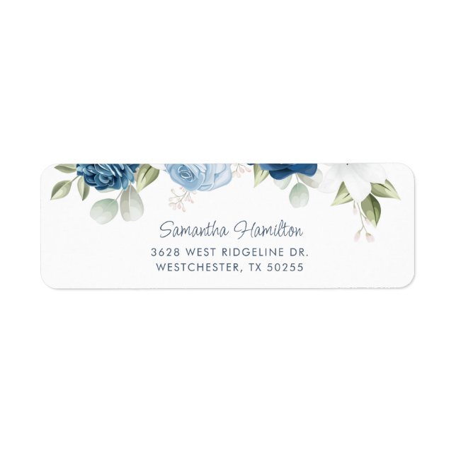 Elegant Dusty Blue Floral Return Address Label (Front)