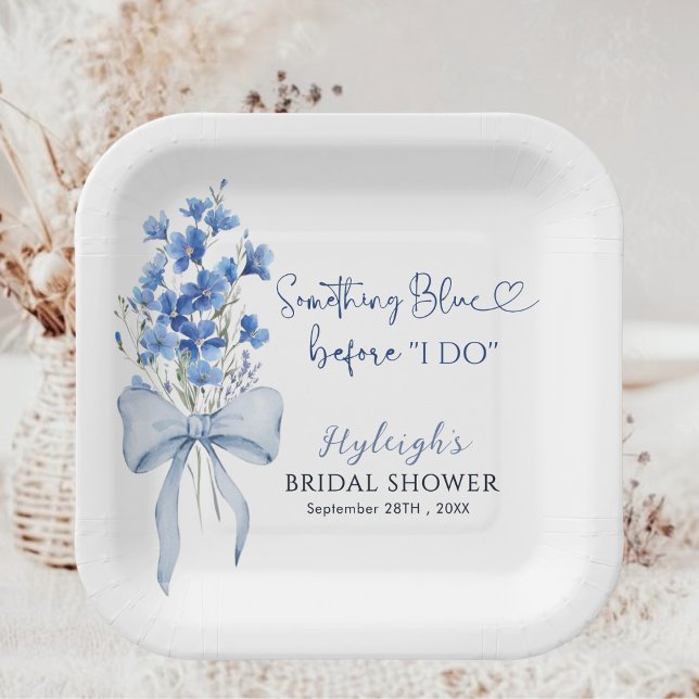Elegant Dusty Blue Floral Ribbon Bow Bridal Shower Paper Plates (Creator Uploaded)
