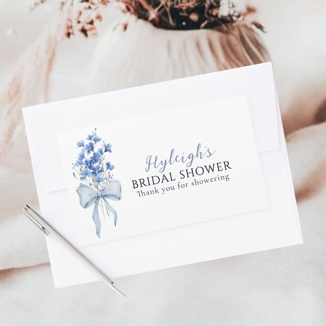 Elegant Dusty Blue Floral Ribbon Bow Bridal Shower Rectangular Sticker (Creator Uploaded)